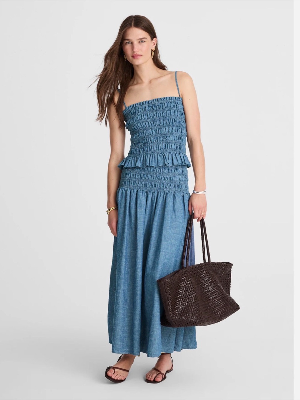 Madewell smocked-waist denim midi skirt